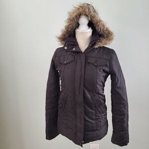 OUTER EDGE WOMEN'S COAT BLACK FAUX FUR HOOD POCKETS SIZE XS